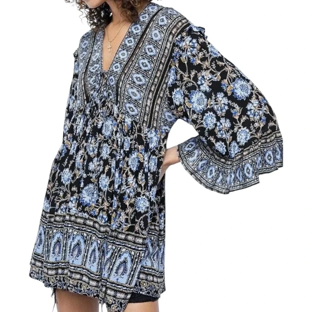 Free People Moonlight Dance‎ Floral Bell Sleeve Boho Tunic Top Blue Size Small